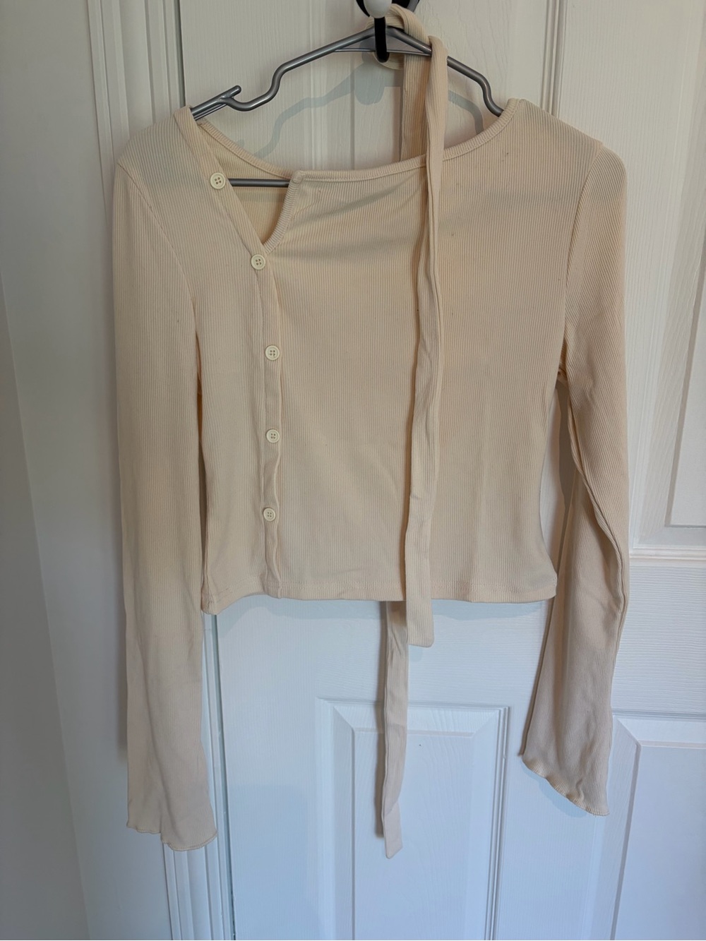 Cider Cream Ribbed Long-Sleeve Top with Asymmetric Button Placket